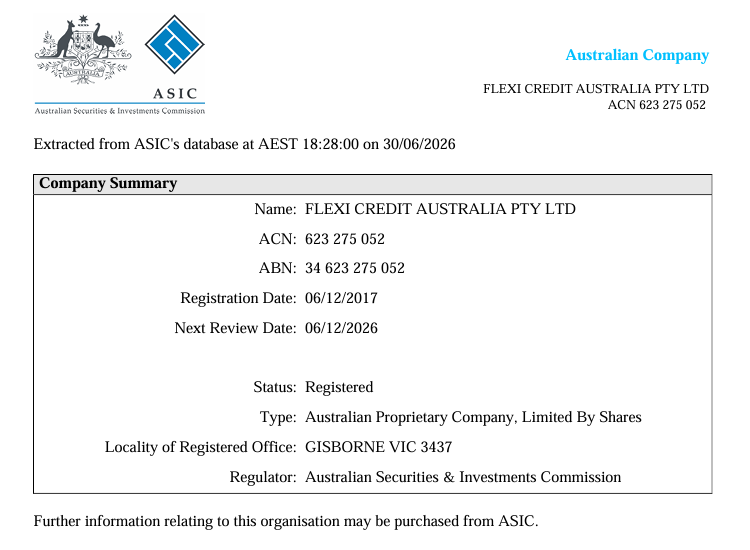 Flexi Credit Australia Pty Ltd – ASIC Company Summary Certificate